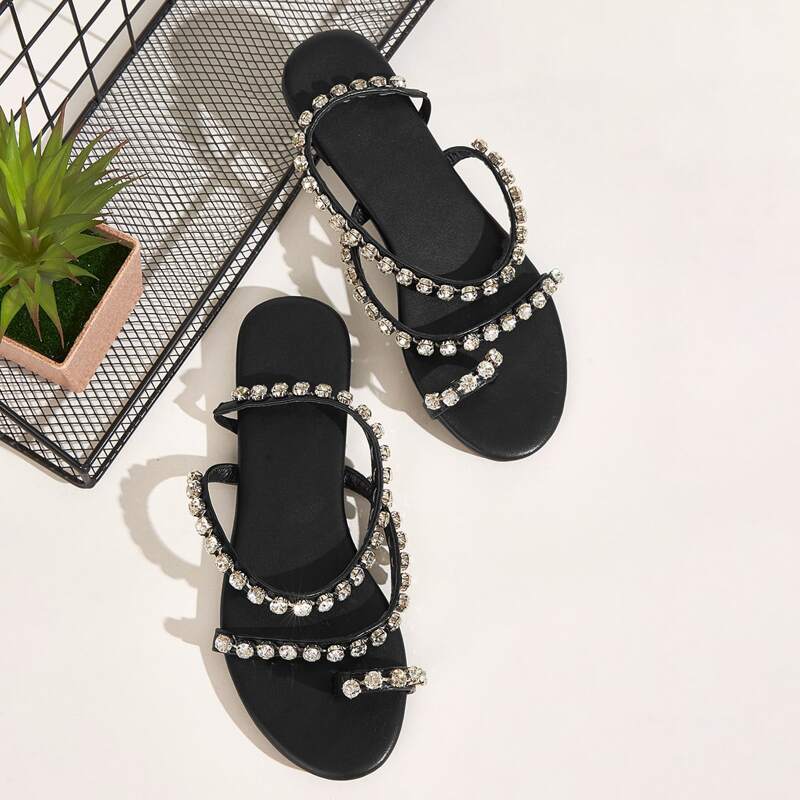 

Rhinestone Decor Toe Loop Sandals, Black