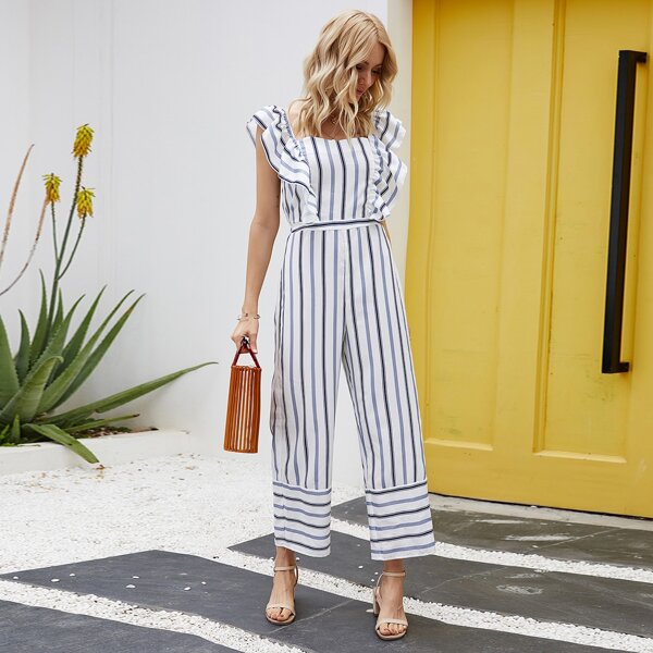 

Ruffle Trim Wide Leg Striped Jumpsuit, Multicolor
