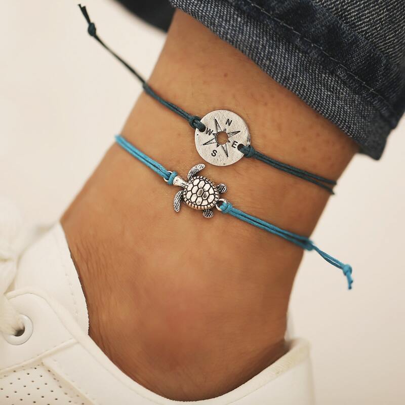 

2pcs Compass Charm Anklet, Multicolor