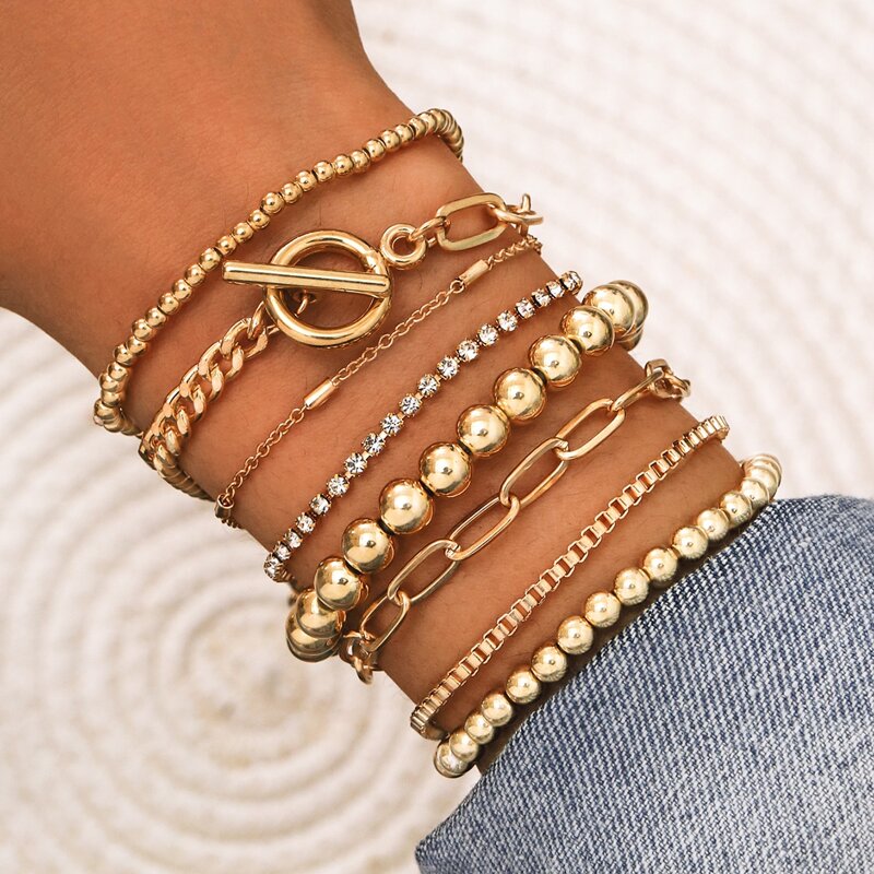 

8pcs Rhinestone Decor Bracelet, Gold