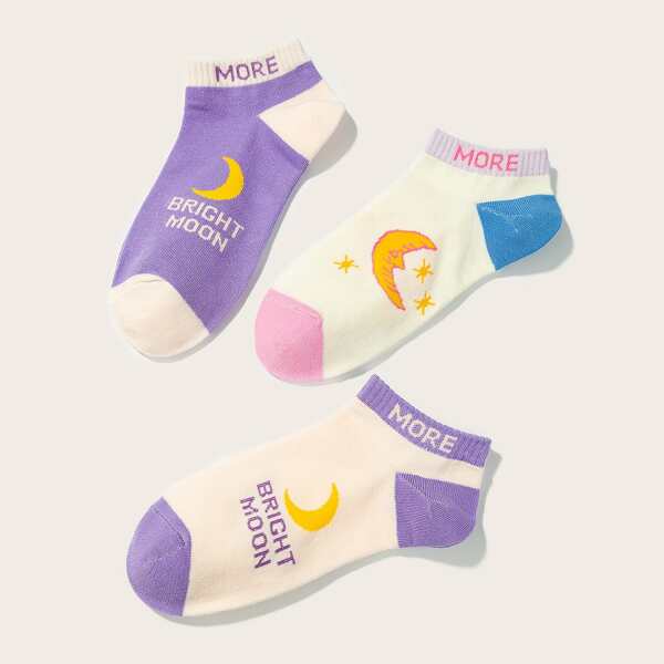 

3pairs Moon Pattern Socks, Multicolor