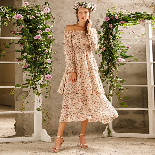 

Ditsy Floral Off Shoulder Layered Ruffle Dress, Multicolor