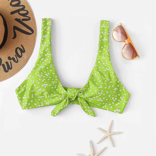 

Daisy Floral Knot Front Bikini Top, Green