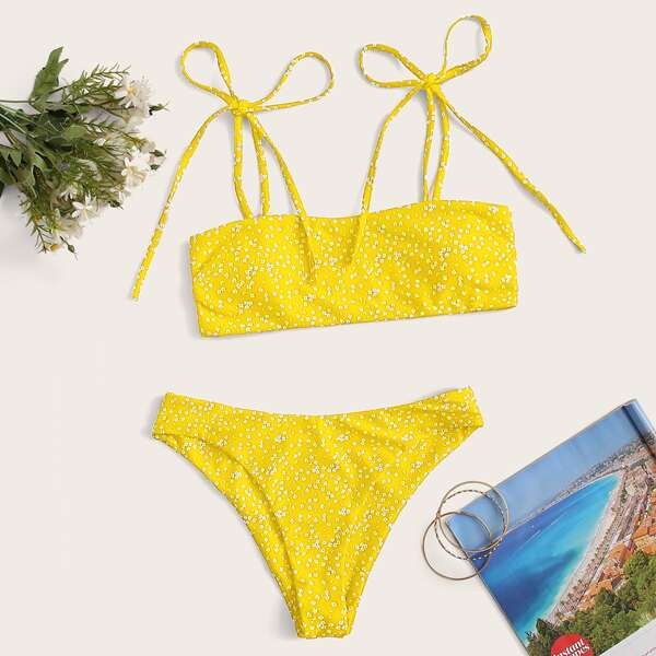 

Ditsy Floral Tie Shoulder Bikini Swimsuit, Yellow