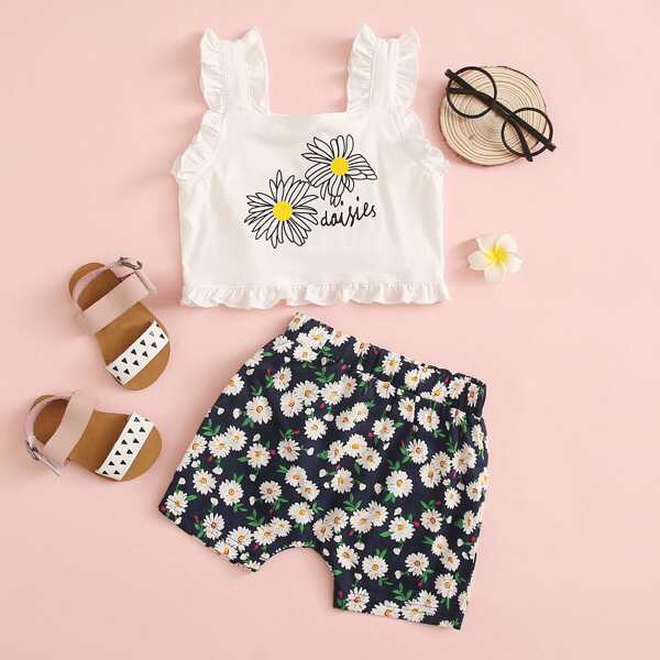 

Baby Girl Daisy Floral & Letter Graphic Ruffle Trim Top & Shorts, Multicolor