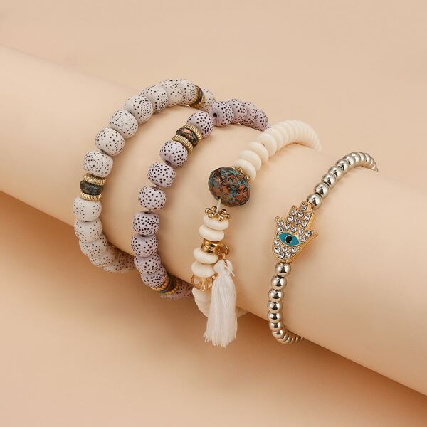 

4pcs Eye Tassel Beaded Bracelet, Gold