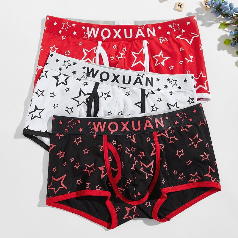 

3pcs Guys Letter & Star Print Boxer Brief, Multicolor