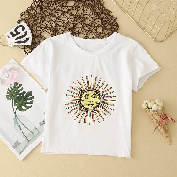 

Sun Print Round Neck Tee, White