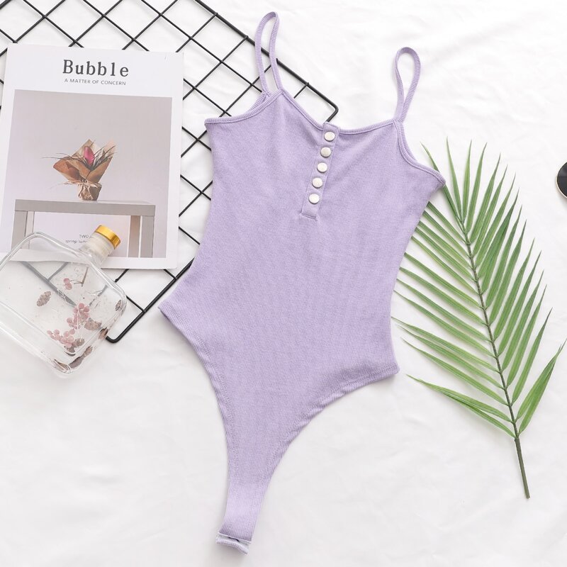 

Solid Button Front Ribbed Cami Bodysuit, Purple