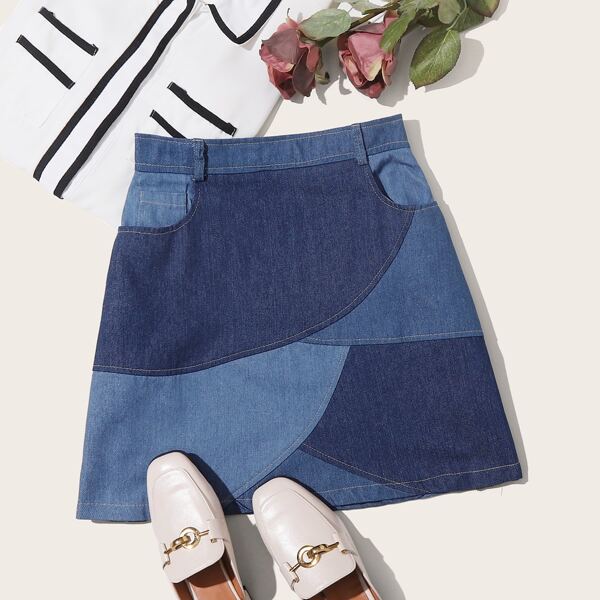 

Color-block Slant Pocket A-line Denim Skirt, Blue