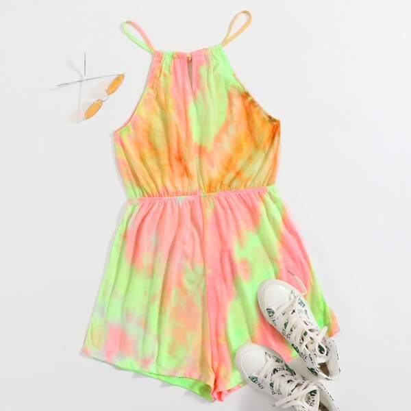 

Keyhole Halterneck Tie Dye Romper, Multicolor