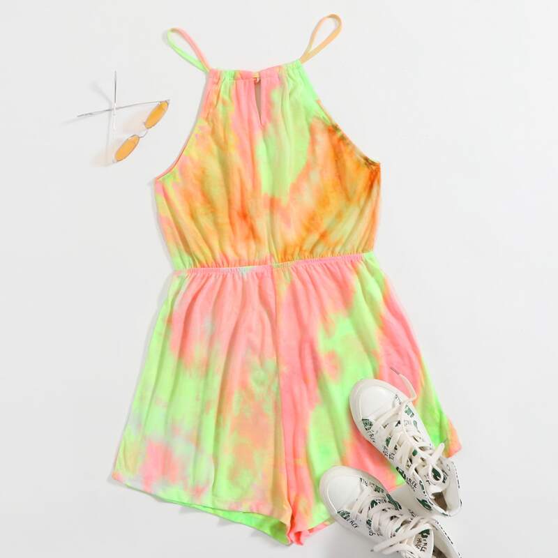 

Keyhole Halterneck Tie Dye Romper, Multicolor