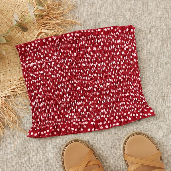 

Ditsy Floral Shirred Frill Trim Tube Top, Red