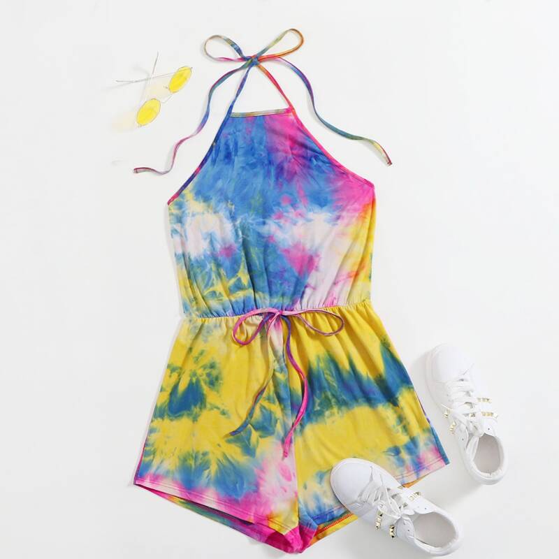

Tie Back Tie Dye Halter Romper, Multicolor