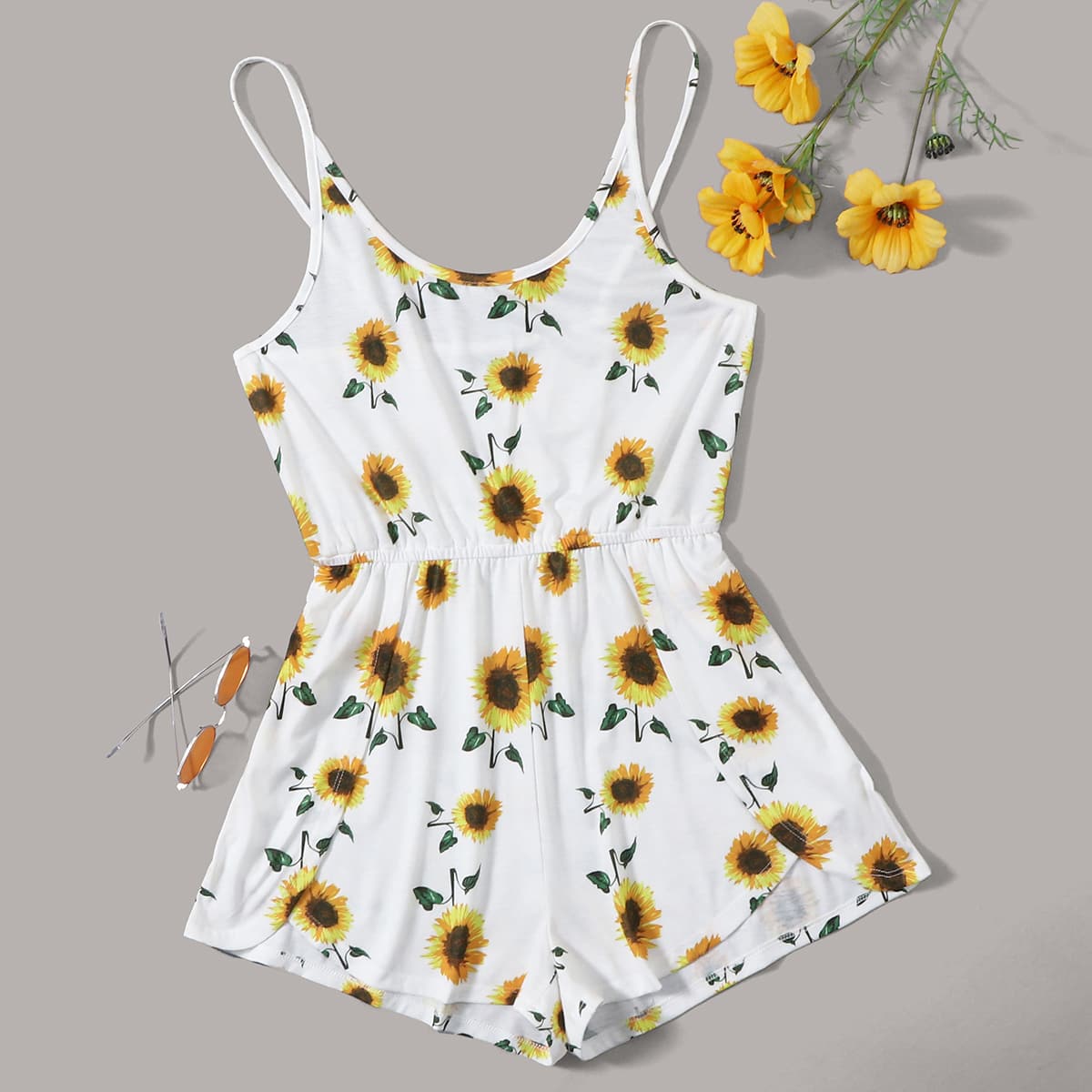 

Sunflower Print Slip Romper, White