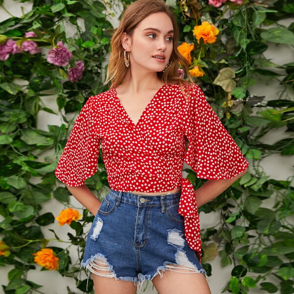 

Ditsy Floral Wrap Tie Side Blouse, Red