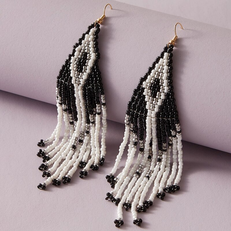 

Beaded Tassel Drop Earrings, Black and white