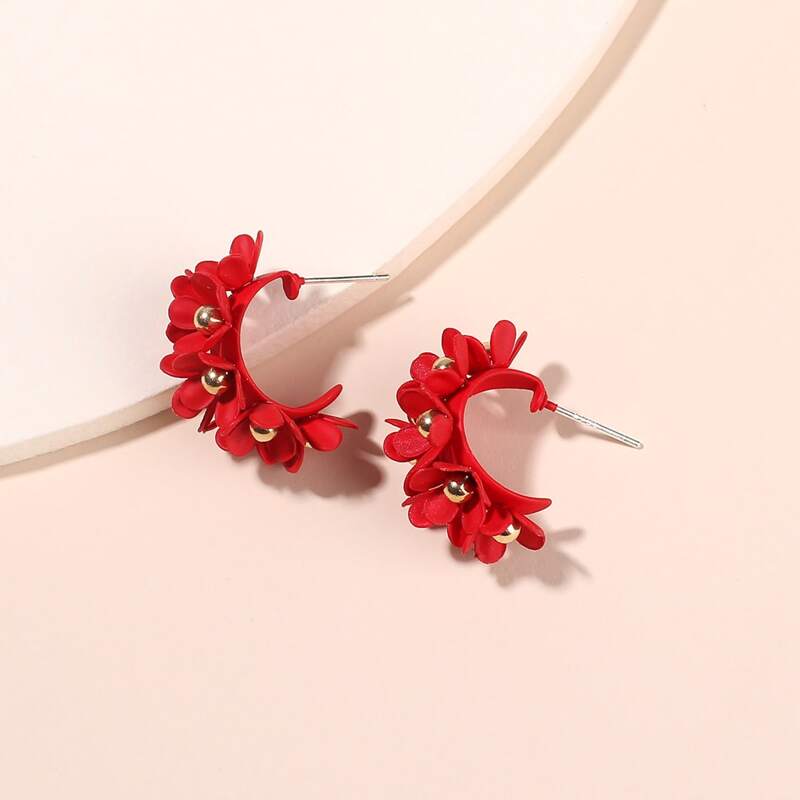 

Flower Cuff Hoop Earrings, Red