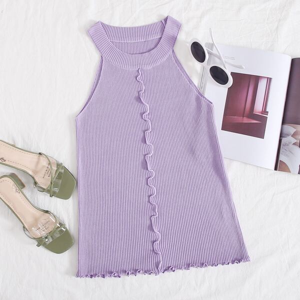 

Solid Lettuce Trim Halter Knit Top, Purple