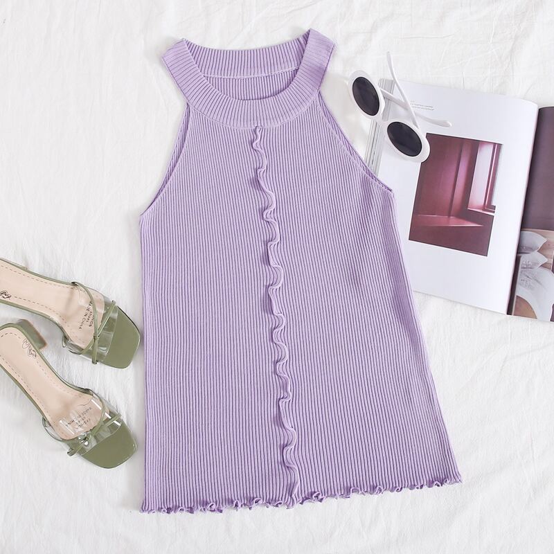 

Solid Lettuce Trim Halter Knit Top, Purple
