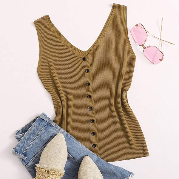 

Button Front Solid Knit Top, Camel