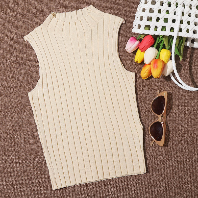 

Stand Collar Solid Knit Top, Beige