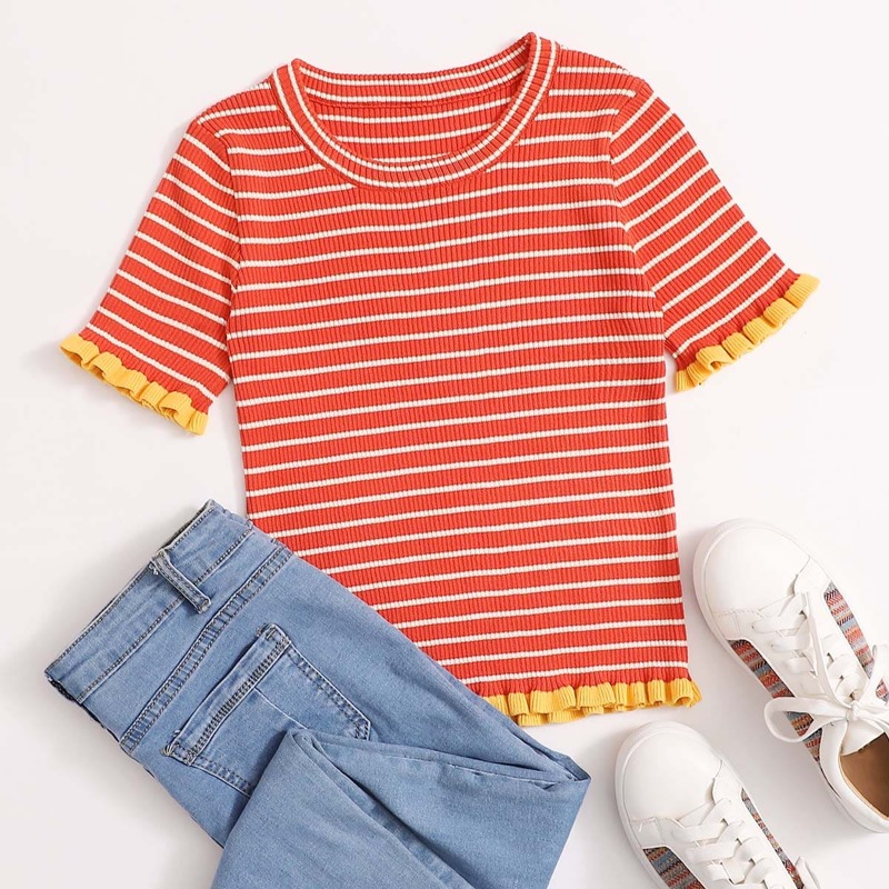 

Stripe Print Rib-Knit Top, Coral orange
