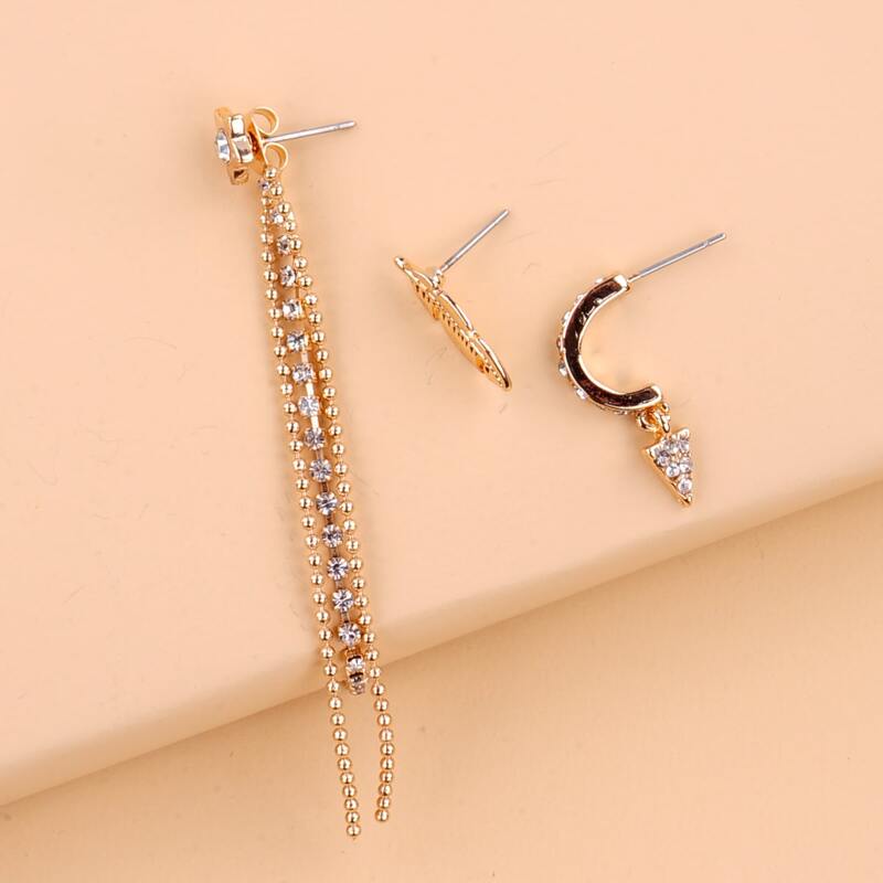 3pcs Rhinestone Tassel Earrings, Gold