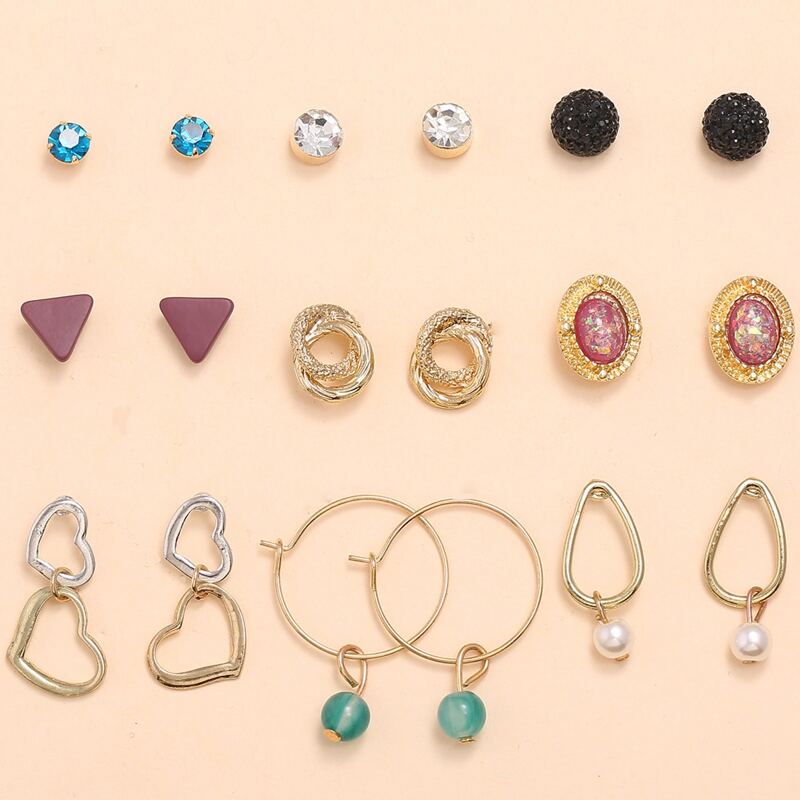 

9pairs Rhinestone Decor Earrings, Multicolor