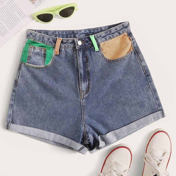

Color-block Pocket Turn Up Hem Denim Shorts, Blue