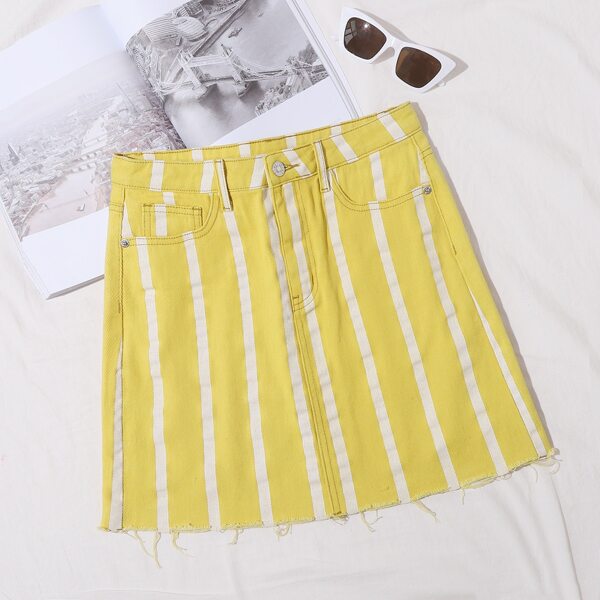 

Yellow Raw Hem Striped Denim Skirt