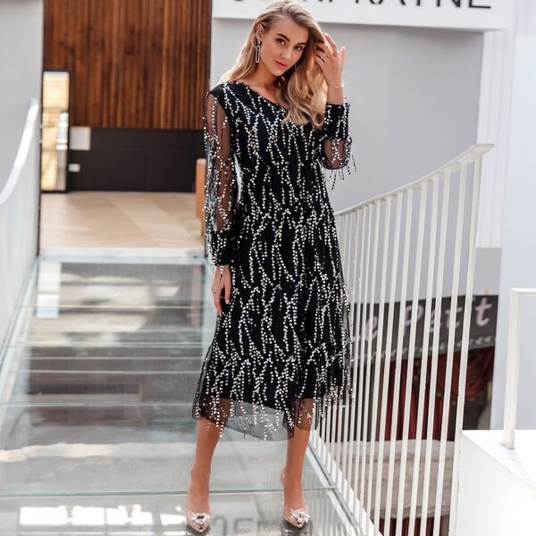 

Tie Back Lantern Sleeve Sequin Fringe Mesh Dress, Black