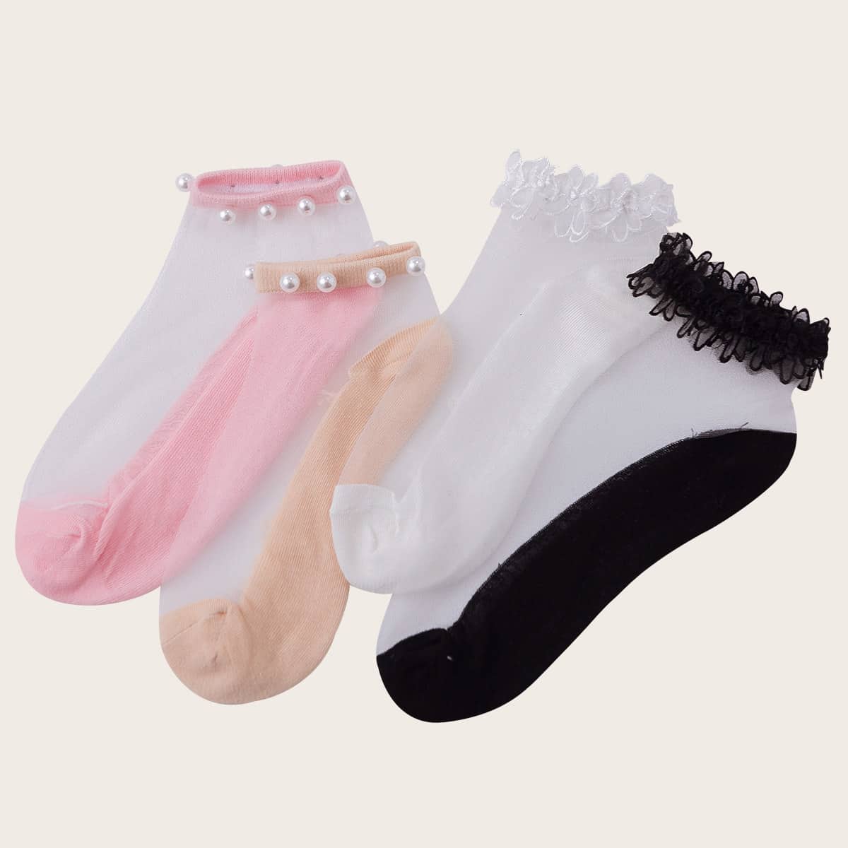 

4pairs Faux Pearl Decor Socks, Multicolor