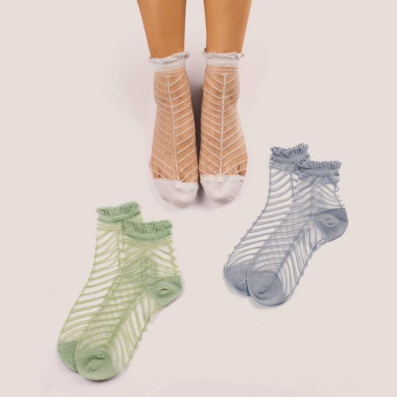 

3pairs Sheer Mesh Socks, Multicolor