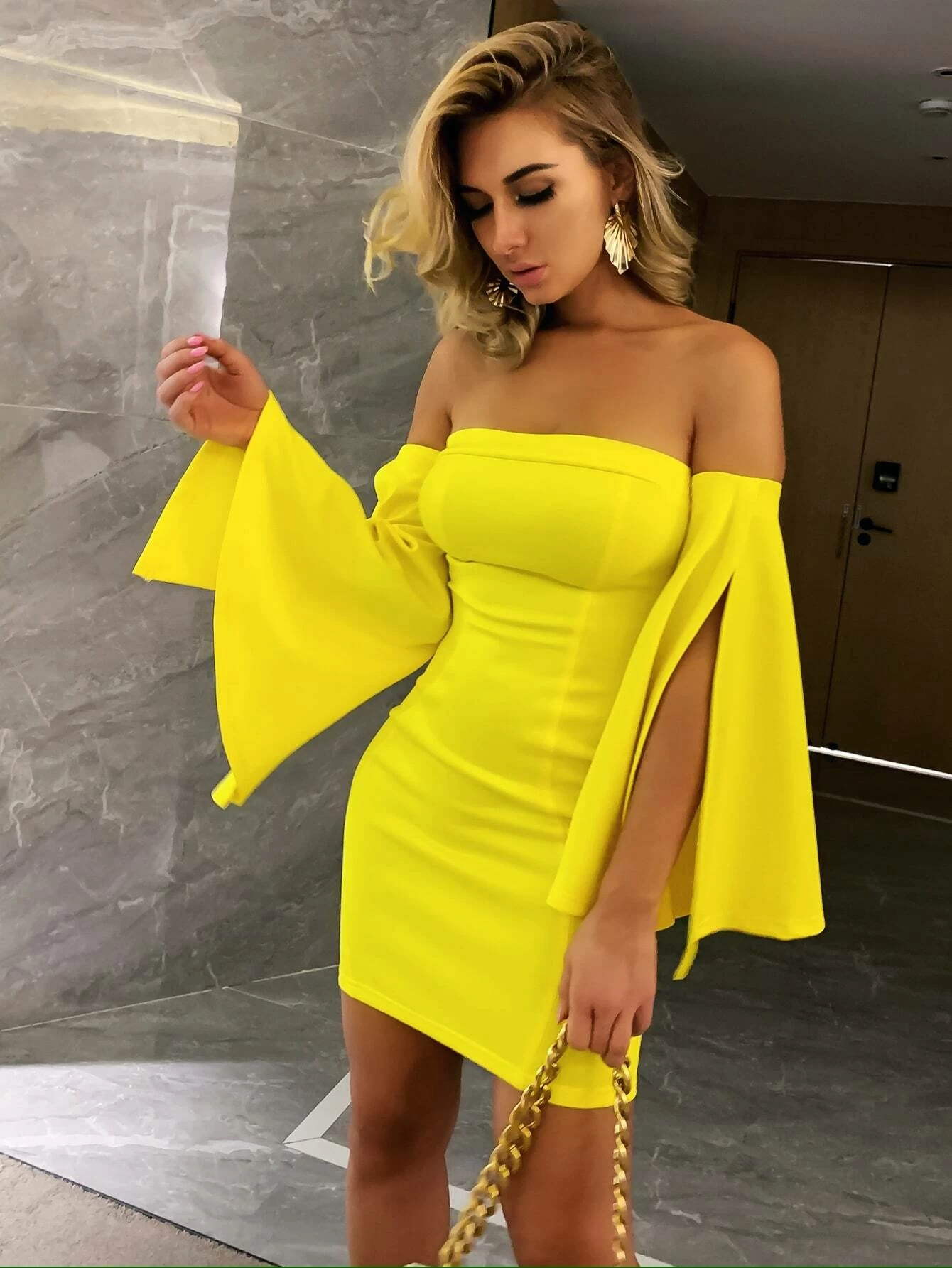 yellow bell sleeve dress