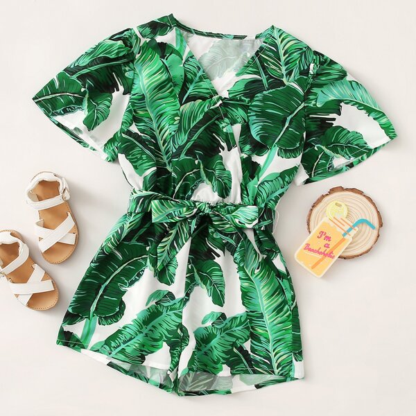 

Girls Surplice Neck Self Belted Tropical Print Romper, Green
