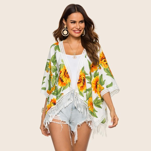 

Sunflower Print Contrast Lace Fringe Kimono, Multicolor