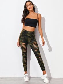 SHEIN Unity 迷彩圖案梯狀破洞緊身褲