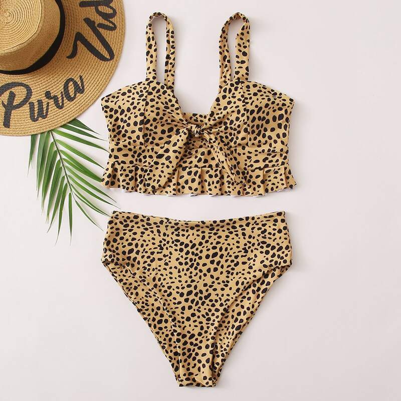 

Dalmatian Knot Front Ruffle Hem Bikini Swimsuit, Multicolor