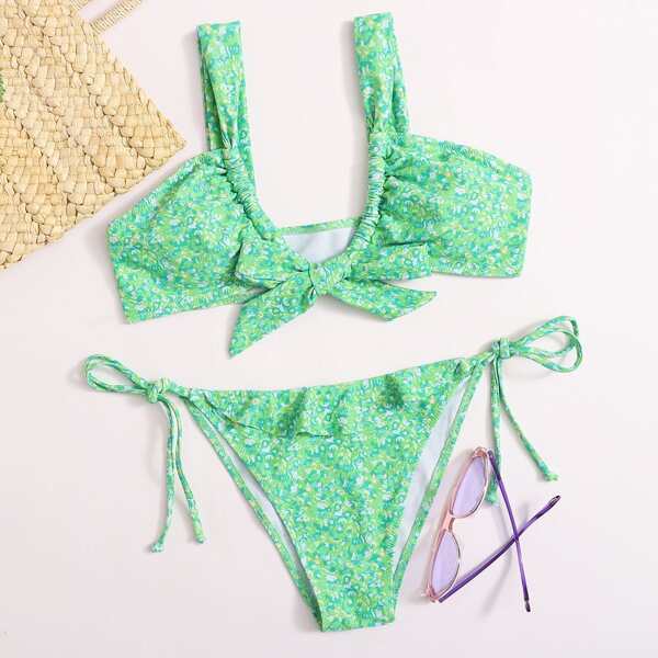 

Allover Graphic Knot Front Tie Side Bikini Swimsuit, Green