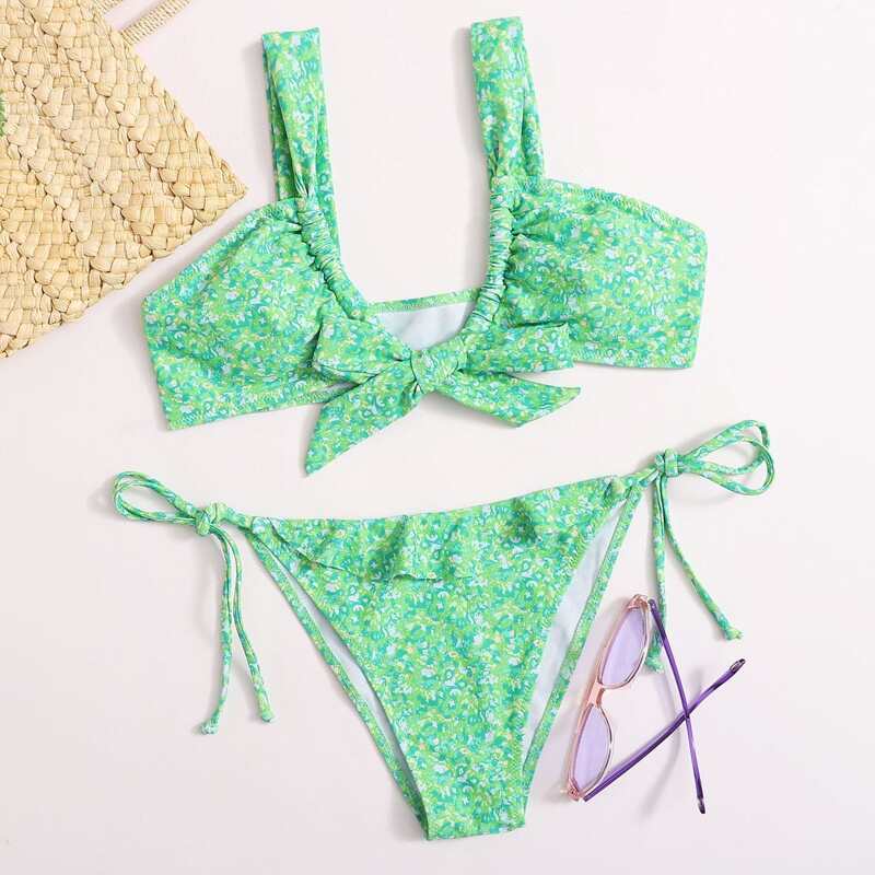 

Allover Graphic Knot Front Tie Side Bikini Swimsuit, Green