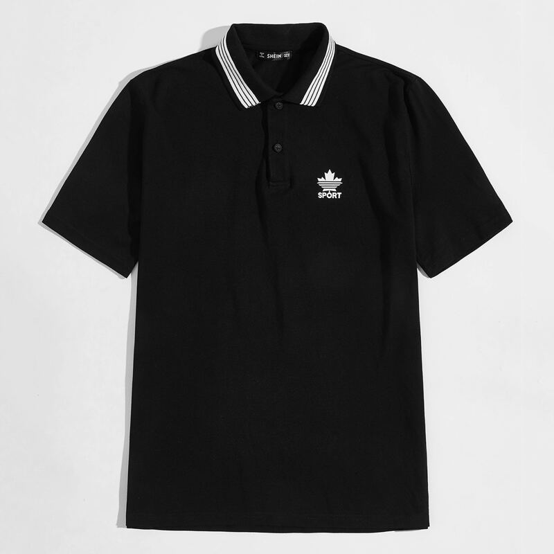 

Guys Striped Collar Letter Print Polo Shirt, Black