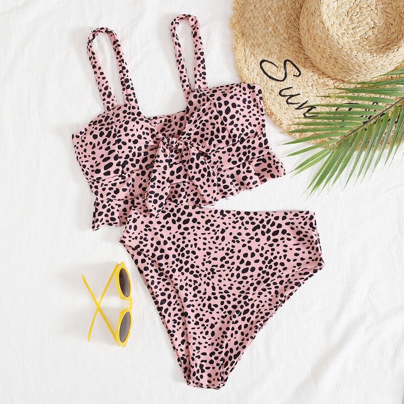 

Dalmatian Knot Front Ruffle Hem Bikini Swimsuit, Multicolor