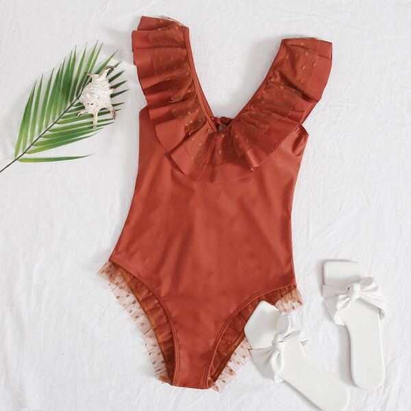 

Ruffle Trim Lace-up Back One Piece Swimsuit, Red