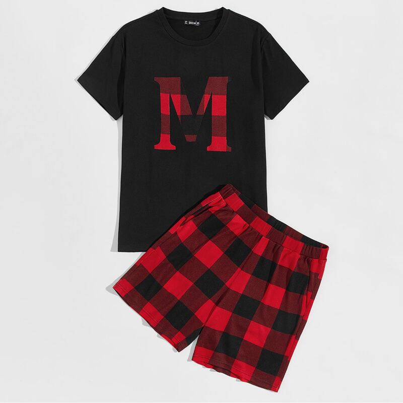 

Guys Letter Graphic Tee & Buffalo Plaid Shorts PJ Set, Multicolor