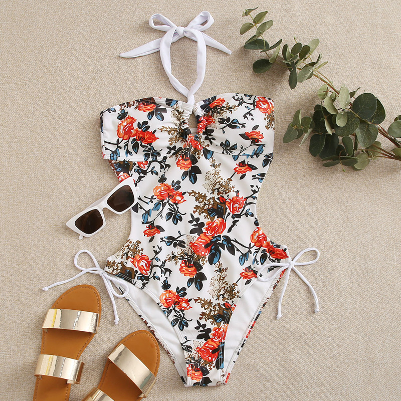 

Floral Cut-out Waist Halter One Piece Swimsuit, Multicolor