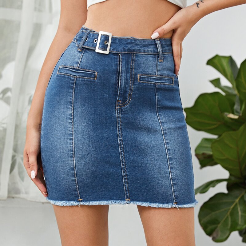 

Buckle Belted Raw Hem Denim Skirt, Medium wash