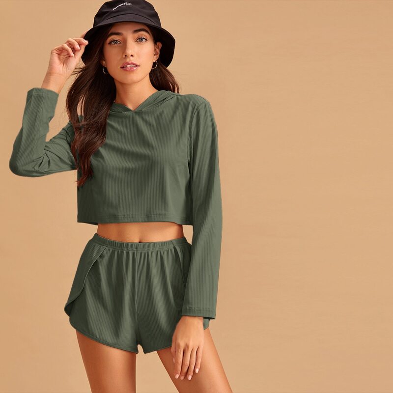 

Rib-Knit Hooded Lounge Set, Army green