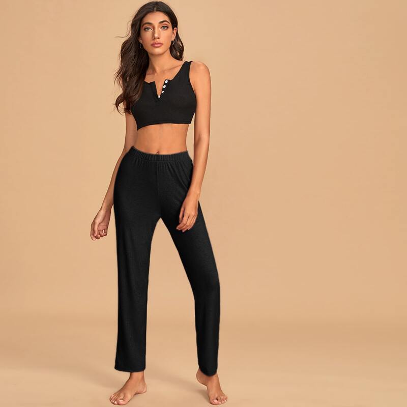 

Half Button Rib-knit Lounge Set, Black