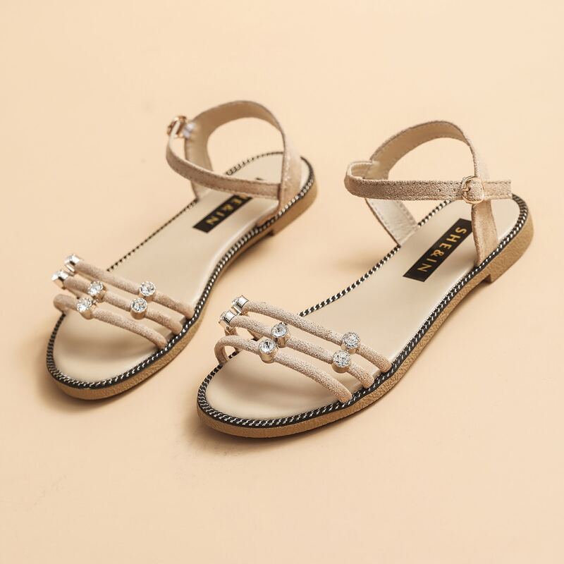 

Rhinestone Decor Ankle Strap Sandals, Khaki